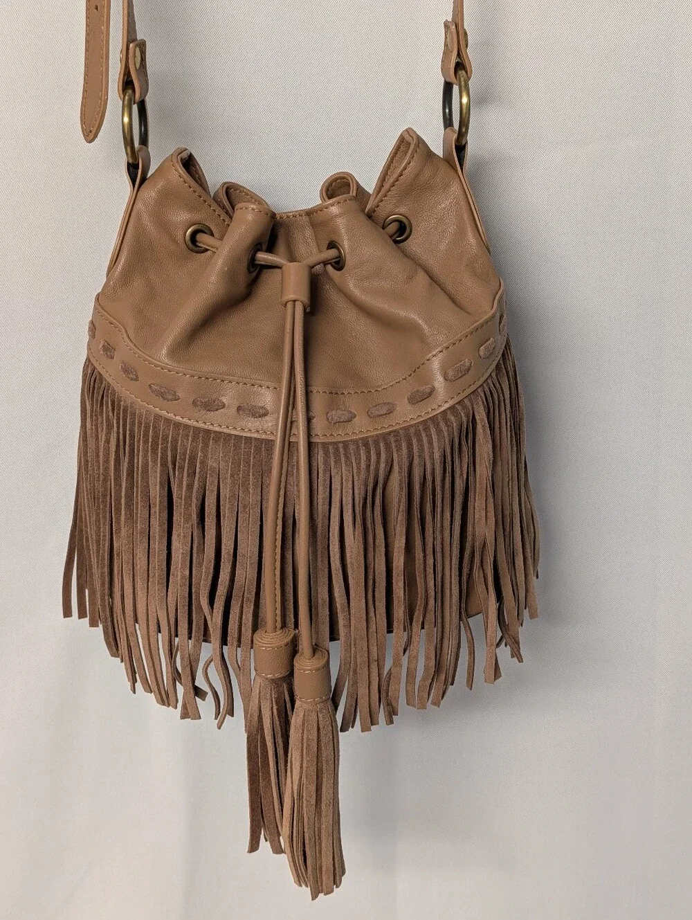 Johnny Was ITALIAN LEATHER FRINGE BUCKET BAG Fringe Drawstring Shoulder Purse